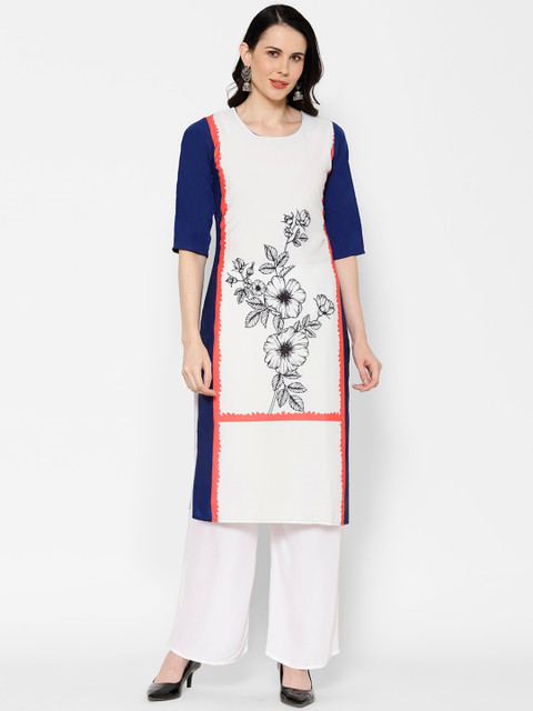 

7Threads Women White & Navy Blue Floral Printed Crepe Kurta