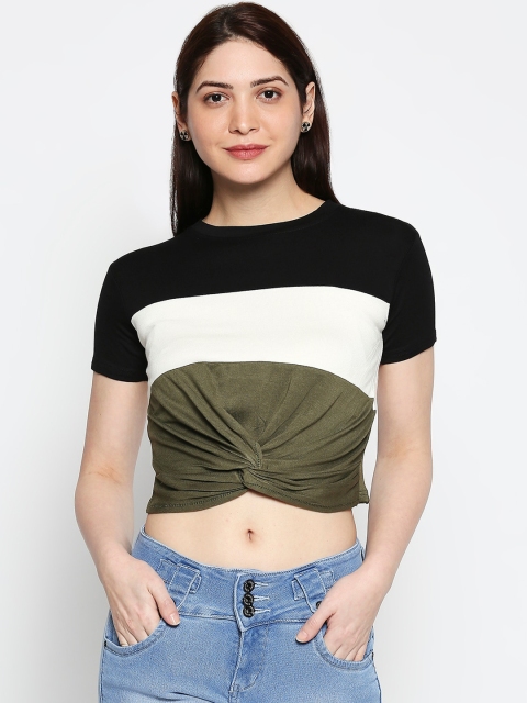 

AMMARZO Olive Green & White Colourblocked Top