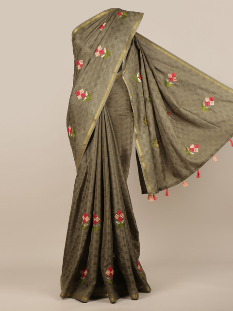 

Pothys Green Embroidered Jute Silk Saree