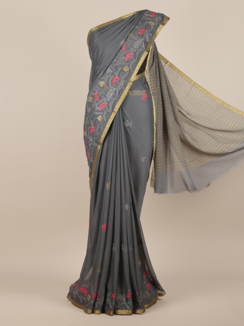 

Pothys Grey Embroidered Poly Georgette Saree