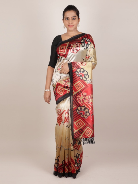 

Pothys Cream-Coloured & Red Jute Silk Printed Saree