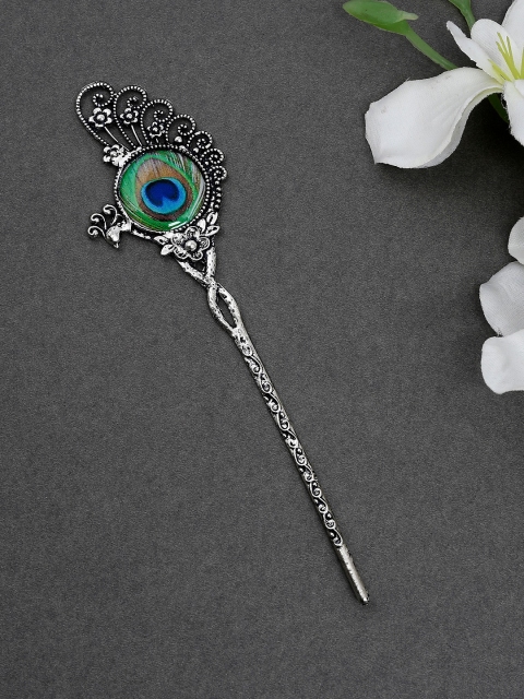 

Silvermerc Designs Silver-Toned & Green Oxidised Peacock Embellished Hairstick