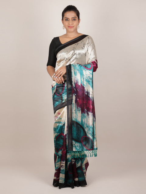 

Pothys Cream-Coloured & Blue Jute Silk Printed Saree