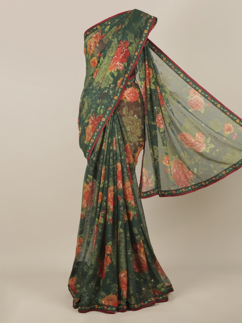 

Pothys Green & Red Poly Chiffon Printed Saree