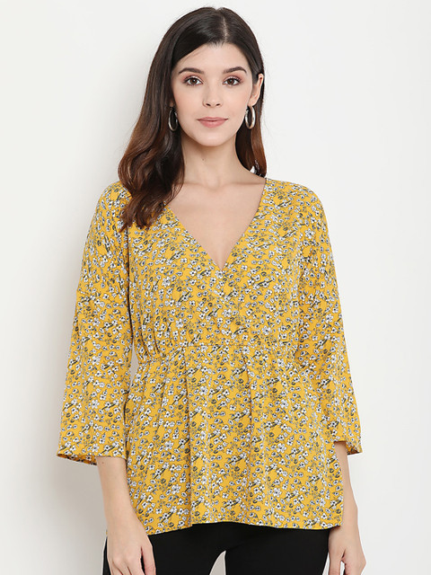 

THREAD MUSTER Mustard Yellow Floral Printed Flared Sleeves Georgette Wrap Top