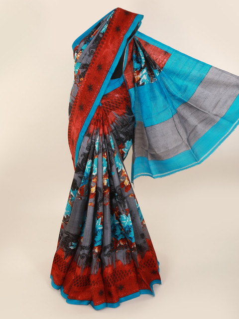 

Pothys Grey & Red Pure Silk Printed Murshidabad silk Saree