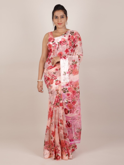 

Pothys Peach-Coloured Floral Printed Jute Silk Saree