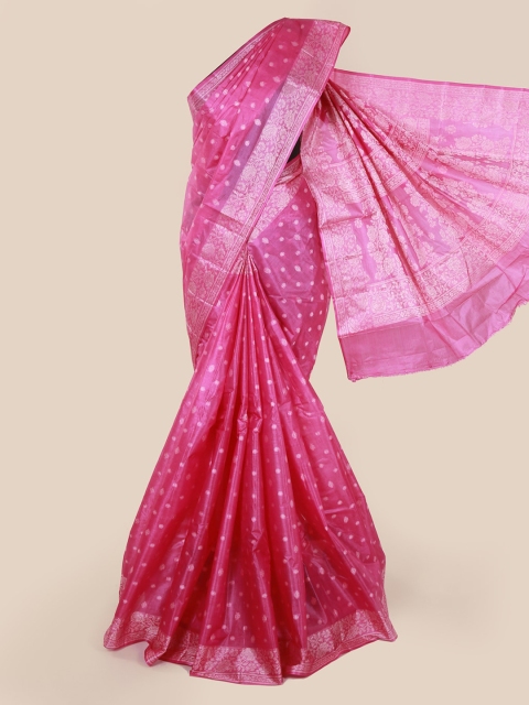 

Pothys Magenta & Silver-Toned Pure Silk Woven Design Tussar Saree