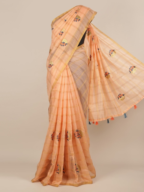 

Pothys Peach-Coloured Checked Jute Silk Saree