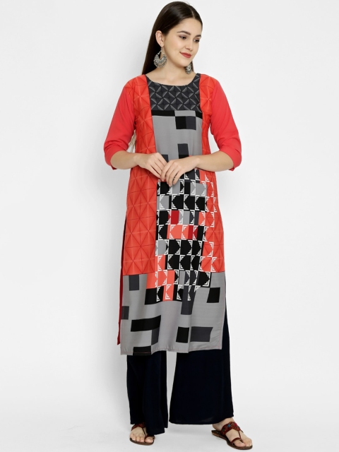 

7Threads Women Red & Black Geometric Printed Crepe Kurta