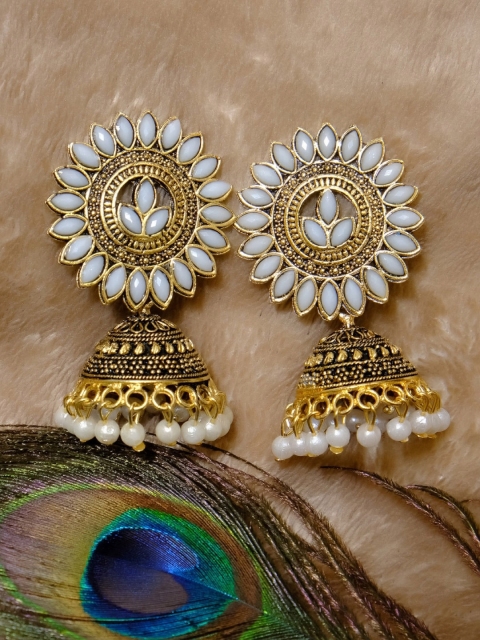 

Crunchy Fashion White & Gold-Plated Kundan Contemporary Jhumkas