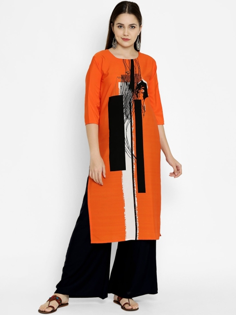 

7Threads Women Orange Printed Crepe Kurta