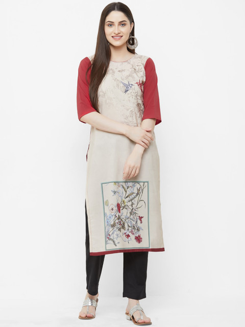 

7Threads Women Beige & Red Ethnic Motifs Printed Crepe Kurta