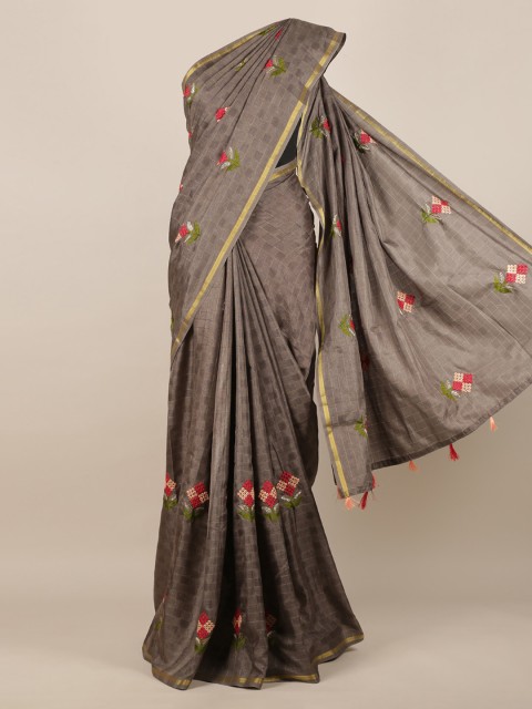 

Pothys Grey & Red Jute Silk Checked Saree