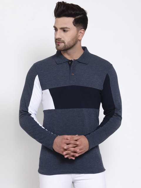 

Kalt Men Navy Blue Colourblocked Polo Collar T-shirt