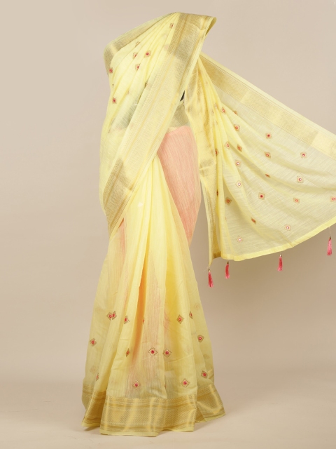 

Pothys Yellow Embroidered Jute Silk Saree