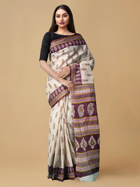 

Unnati Silks Women Cream-Coloured & Purple Pure Krisha Cotton Saree