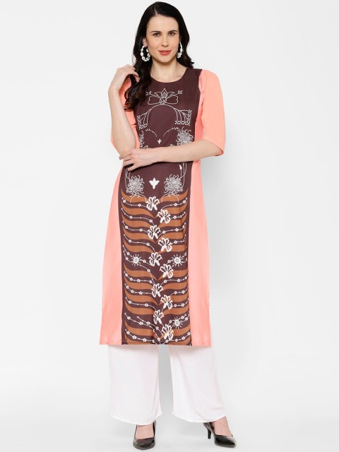 

7Threads Women Peach-Coloured Floral Printed Crepe Kurta