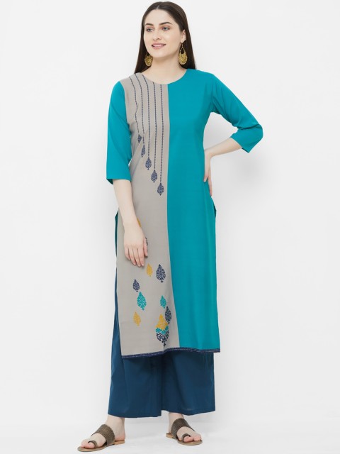 

7Threads Women Blue & Grey Colourblocked Crepe Kurta