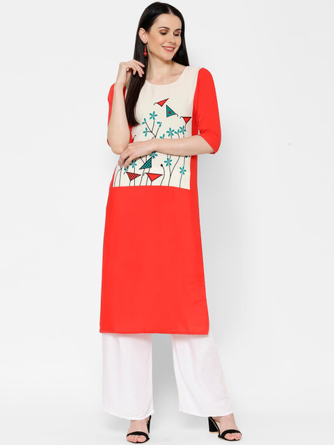 

7Threads Women Red Floral Printed Crepe Kurta