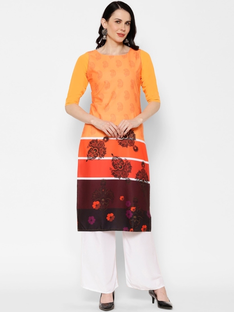 7Threads Women Orange Ethnic Motifs Printed Crepe Kurta