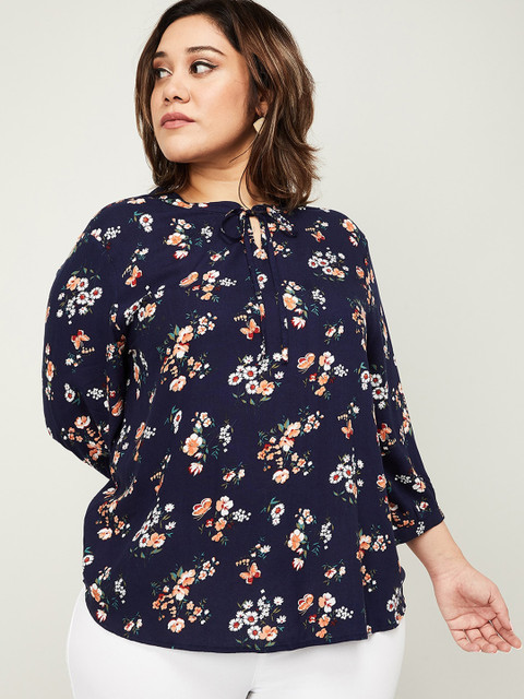 

nexus Navy Blue Floral Printed Tie-Up Neck Top