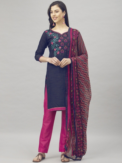 

Satrani Navy Blue & Pink Pure Cotton Unstitched Dress Material