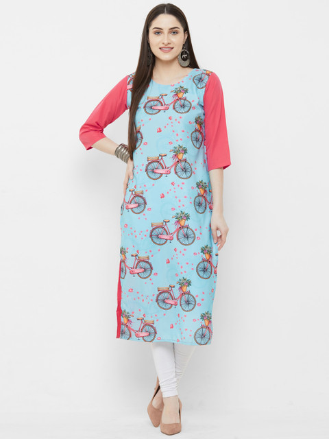 

7Threads Women Blue & Pink Printed Floral Crepe Kurta