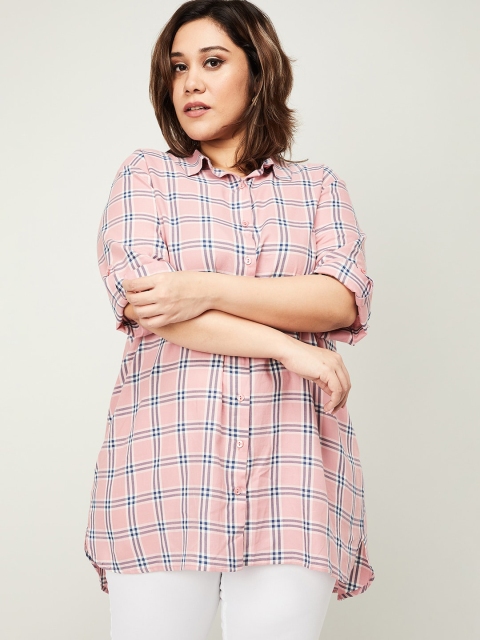

nexus Pink Checked Roll-Up Sleeves Shirt Style Top