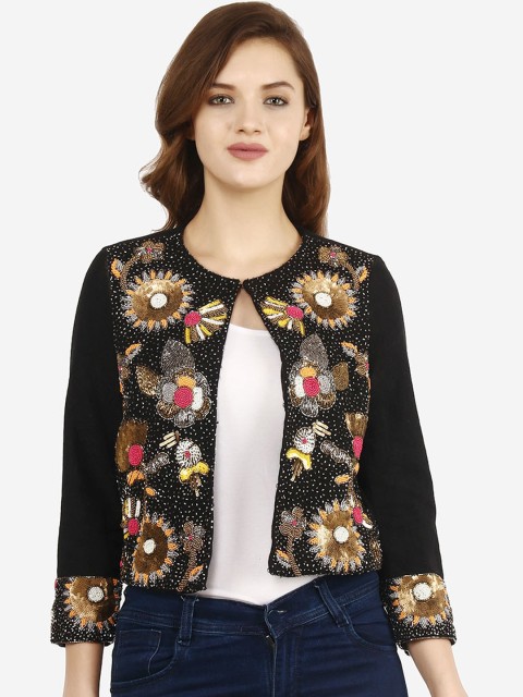 

Diwaah Women Black Printed Open Front Jacket