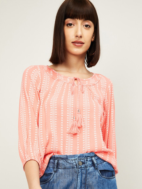 

Fame Forever by Lifestyle Women Coral Striped Tie-Up Neck Top