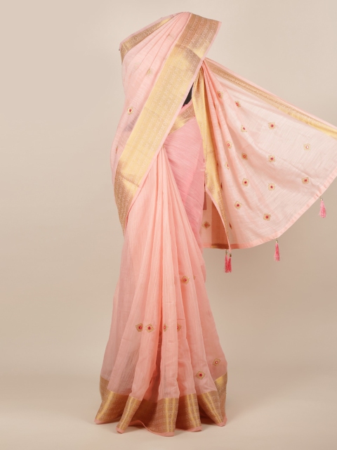 Pothys Peach-Coloured & Gold-Toned Jute Silk Embroidered Saree