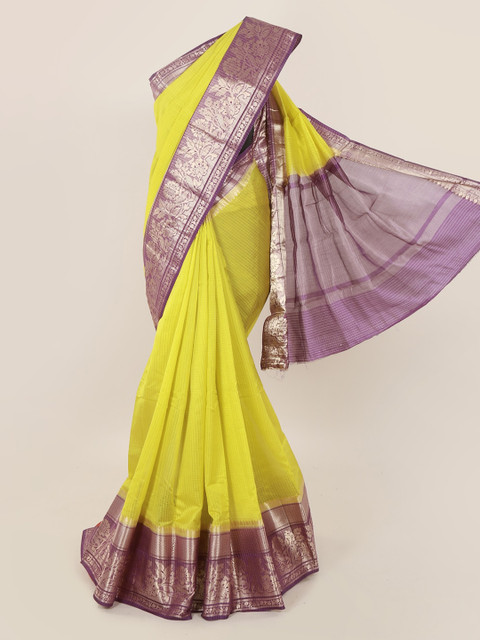 

Pothys Yellow & Purple Pure Silk Checked Banarasi Saree