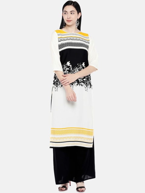 

7Threads Women White Floral Printed Crepe Kurta