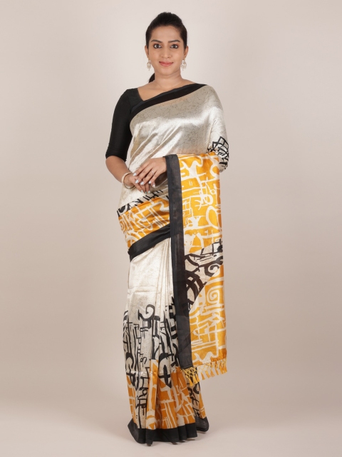 

Pothys Cream-Coloured & Mustard Jute Silk Colourblocked Saree