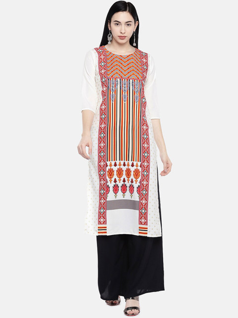 

7Threads Women White Geometric Printed Crepe Kurta