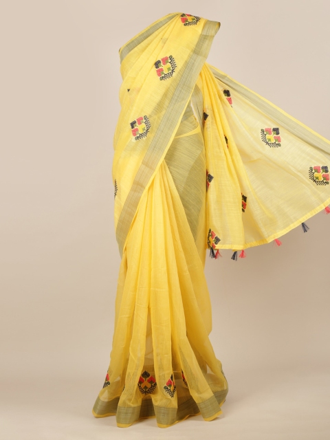 Pothys Yellow Embroidered Jute Silk Saree