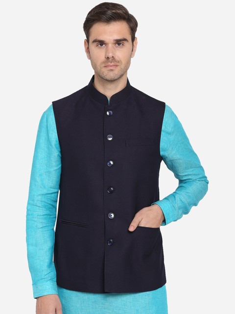 

MODI JACKET Men Navy Blue Solid Woven Nehru Jacket