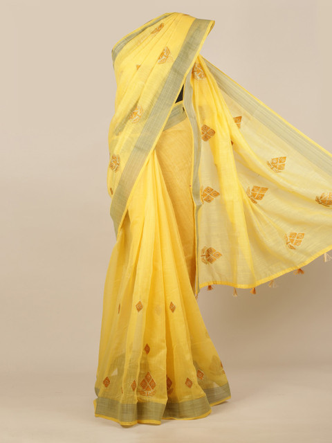 

Pothys Yellow Embroidered Jute Silk Saree