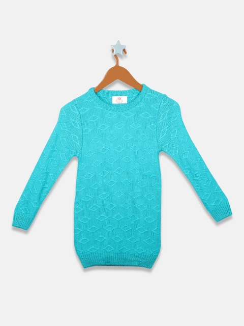 

OWM Girls Turquoise Blue Self Design Pullover Sweater