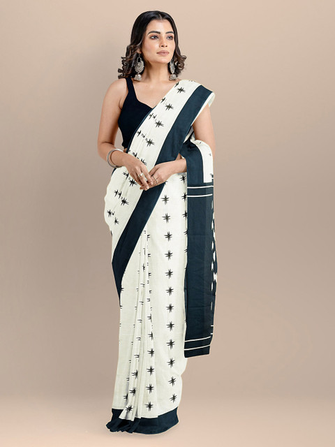 

BharatSthali White & Black Pure Cotton Printed Block Print Saree