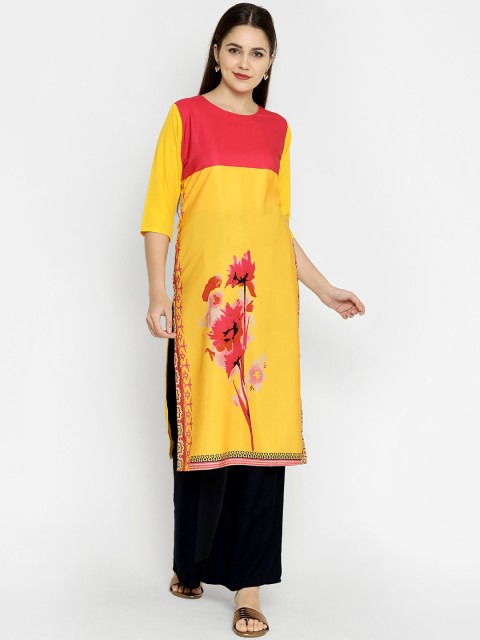 

7Threads Women Yellow Floral Printed Crepe Kurta