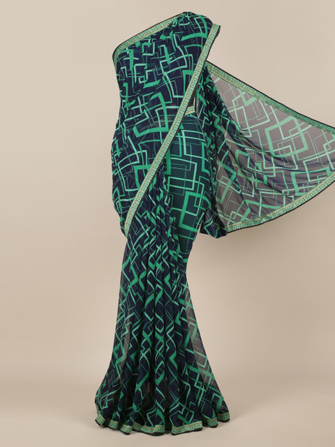 

Pothys Navy Blue & Green Poly Chiffon Printed Saree