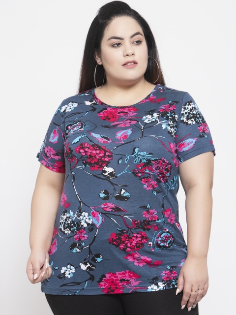 

plusS Women Blue Printed Round Neck T-shirt