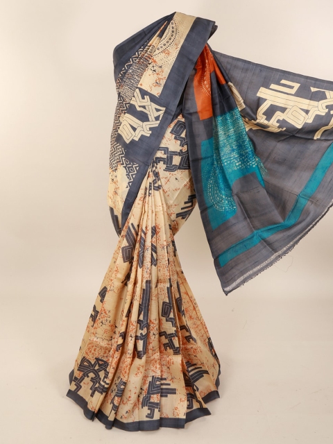 

Pothys Cream-Coloured & Grey Pure Silk Printed Murshidabad silk Saree