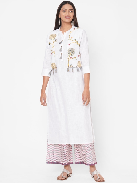 

Vedic Women White & Yellow Floral Embroidered Kurta