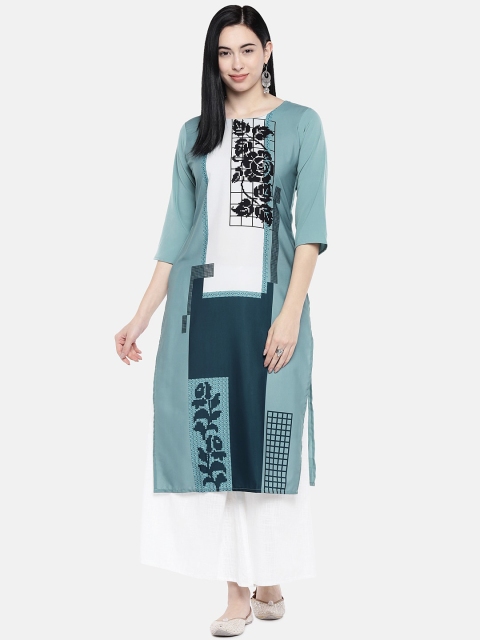 

7Threads Women Turquoise Blue Floral Printed Crepe Kurta