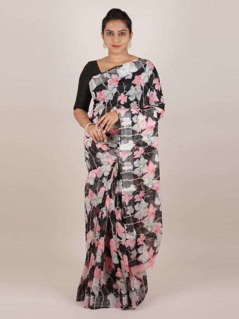

Pothys Black & Pink Jute Silk Printed Saree