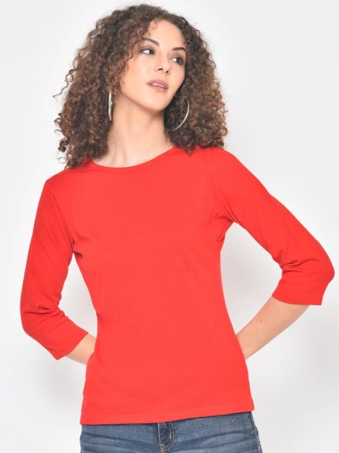 

Hapuka Women Red Solid Slim Fit Cotton Round Neck T-shirt