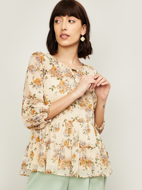 

CODE by Lifestyle Beige Floral Printed Keyhole Neck Peplum Top